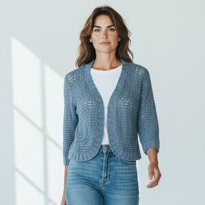 WindRiver Cardigan Sweater Womens Medium Blue Cropped Open Knit Sheer Boho